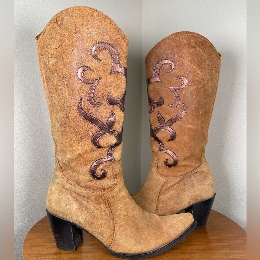 Vtg Nine West Brown Hippie Boho Western Cowboy Pull On Leather Boots Size 38